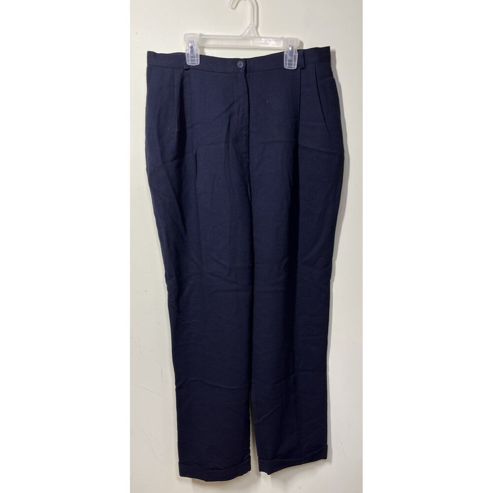 Vintage Augustus Womens Sz 14 Navy Blue Wool Pleated Cuffed Trouser Pants Career